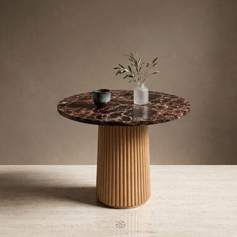 Mesa auxiliar de mármol Emperador y pedestal de roble. Mobiliario de alta gama para profesionales del interiorismo y la arquitectura.